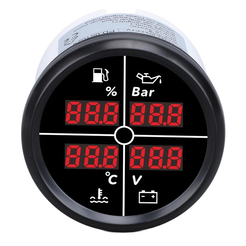 Srliya 52mm 4 in 1 Multifunctional Gauge Digital Display Fuel Level Oil Pressure Water Temperature Meter Voltmeter with Backlight for Boat RV (81000330 Black Bezel Black Dial) - Image 1
